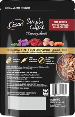Show full view: Cesar Simply Crafted Beef, Chicken, Purple Potatoes, Peas & Carrots Wet Dog Food Topper, 8.82-oz pouch slide 3 of 11