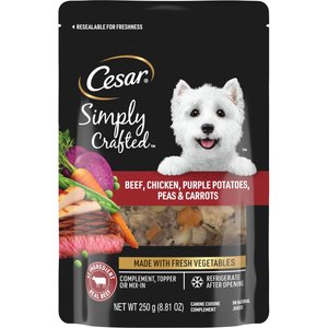 Cesar Simply Crafted Beef, Chicken, Purple Potatoes, Peas & Carrots Wet Dog Food Topper, 8.82-oz pouch