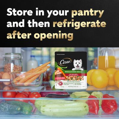 Show full view: Cesar Wholesome Meals Beef, Chicken, Carrots, Barley & Green Beans Recipe Wet Dog Food, 17.6-oz pouch, case of 12 slide 8 of 11