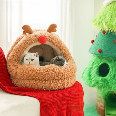 ZEZE ZEZE Reindeer Yurt Covered Cat Bed, Brown, Medium