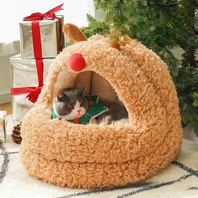 Show full view: ZEZE Reindeer Yurt Covered Cat Bed, Brown, Medium slide 5 of 6
