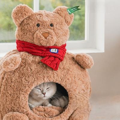 Show full view: ZEZE Bear Soft Nest Covered Cat Bed, Brown, Medium slide 7 of 10