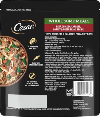 Show full view: Cesar Wholesome Meals Beef, Chicken, Carrots, Barley & Green Beans Recipe Wet Dog Food, 17.6-oz pouch, case of 12 slide 3 of 11