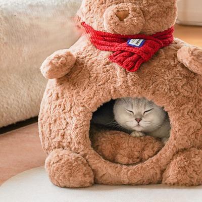 Show full view: ZEZE Bear Soft Nest Covered Cat Bed, Brown, Medium slide 2 of 10