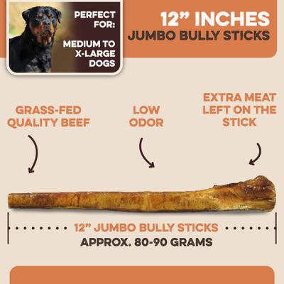 Show full view: Brutus & Barnaby 12-Inch Single Ingredient High Protein & Rawhide-Free Thick Jumbo Bully Sticks Dogs Chews, 4 count slide 3 of 8