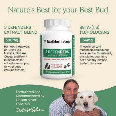 Show full view: Real Mushrooms 5 Defenders Capsule Immune Supplement for Dogs & Cats, 90 count slide 4 of 10
