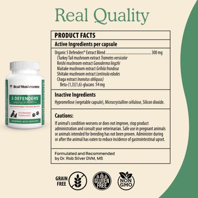 Show full view: Real Mushrooms 5 Defenders Capsule Immune Supplement for Dogs & Cats, 90 count slide 8 of 10