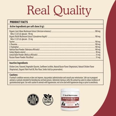 Show full view: Real Mushrooms Mushroom Relax Soft Chew Calming Supplement for Dogs & Cats, 60 count slide 8 of 11