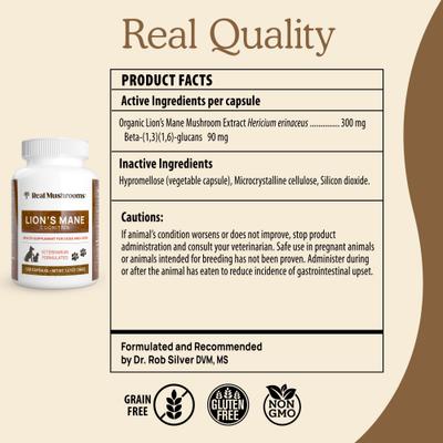 Show full view: Real Mushrooms Lion's Mane Capsule Cognitive Supplement for Dogs & Cats, 120 count slide 8 of 10