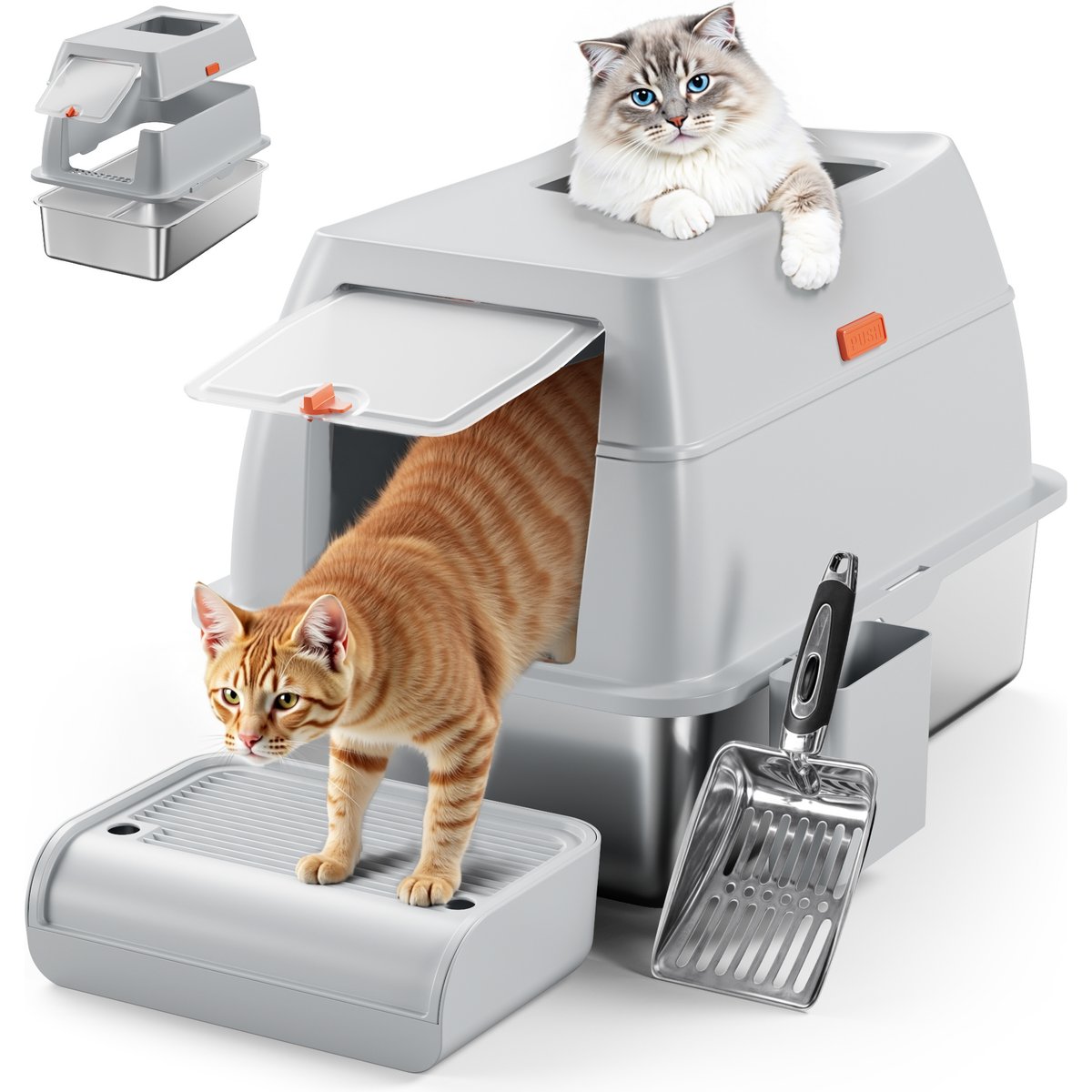 Casfuy Full/Semi Enclosed Stainless Steel Cat Litter Box with Dual Entry