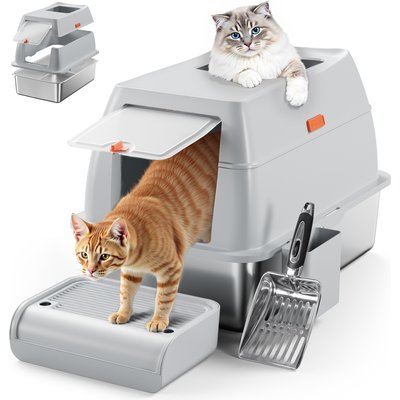 Casfuy Casfuy Full/Semi Enclosed Stainless Steel Cat Litter Box with Dual Entry