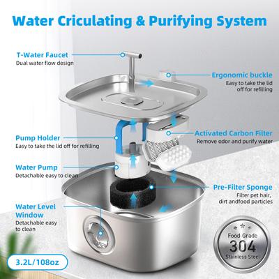 Show full view: Casfuy PWS-133 T-Shaped Spout Stainless Steel Dog & Cat Water Fountain, 108-oz slide 6 of 8