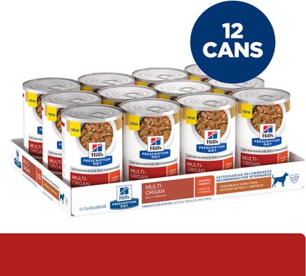 Show full view: Hill's Prescription Diet Multi-Organ Support Turkey & Vegetable Stew Wet Dog Food, 12.5-oz can, case of 12 slide 3 of 11