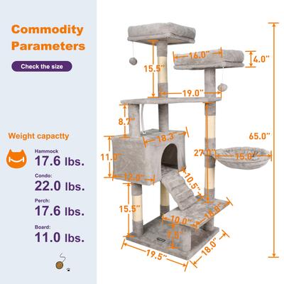 Show full view: GOOPAWS Multi-Level 57-in Faux Fur Cat Tree & Condo with Hammock, Light Grey slide 6 of 7
