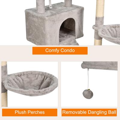 Show full view: GOOPAWS Multi-Level 57-in Faux Fur Cat Tree & Condo with Hammock, Light Grey slide 4 of 7