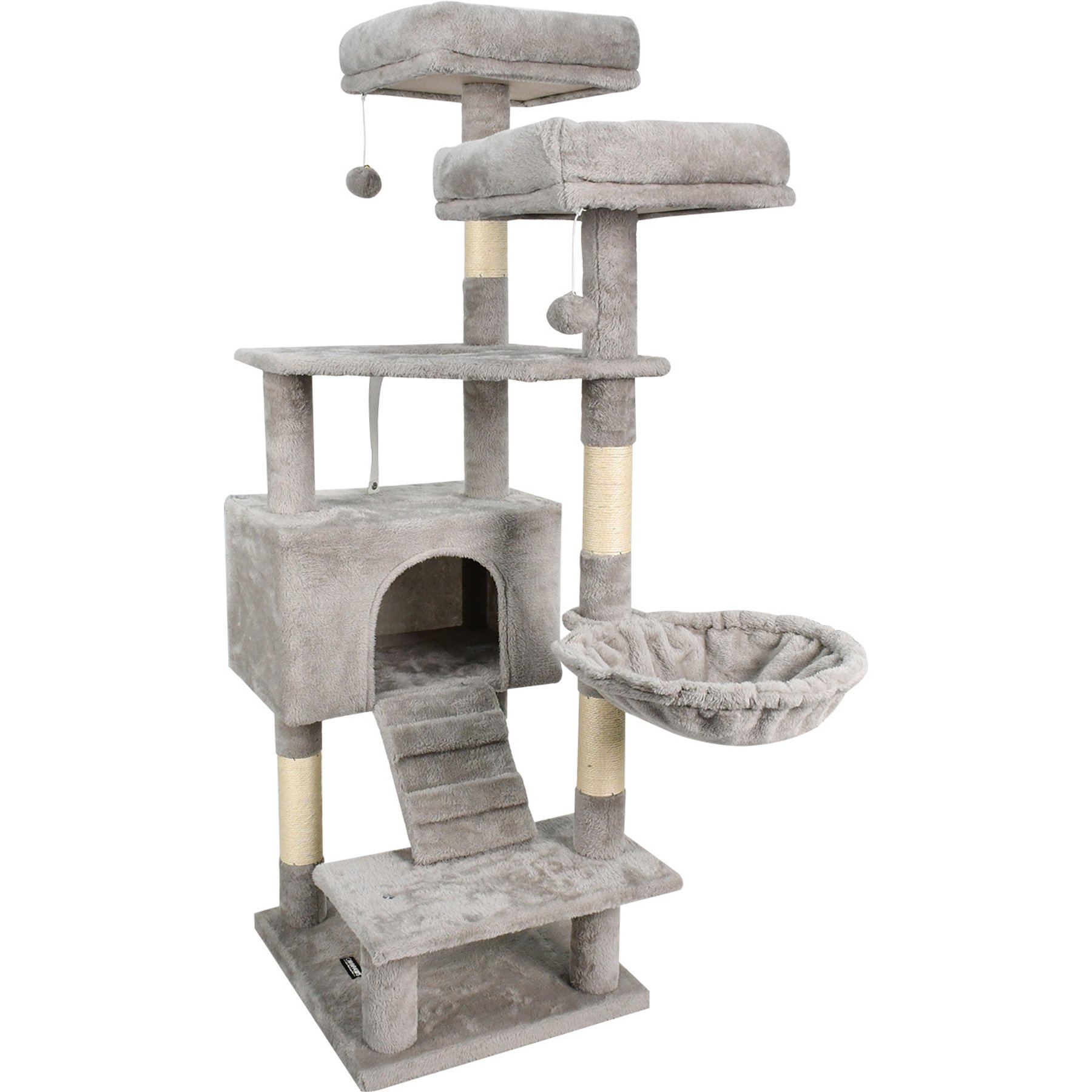 GOOPAWS Multi-Level 57-in Faux Fur Cat Tree & Condo with Hammock, Light Grey