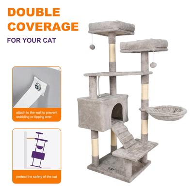 Show full view: GOOPAWS Multi-Level 57-in Faux Fur Cat Tree & Condo with Hammock, Light Grey slide 3 of 7