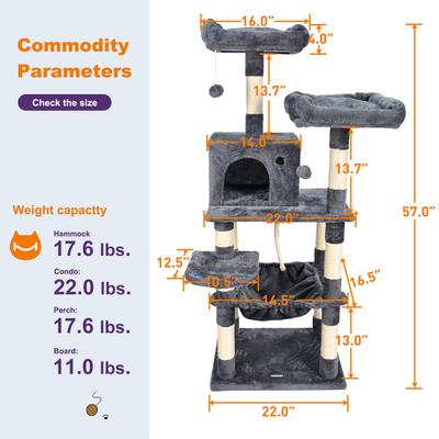 Show full view: GOOPAWS Multi-Level 57-in Faux Fur Cat Tree & Condo with Hammock, Dark Grey slide 6 of 8