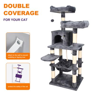 Show full view: GOOPAWS Multi-Level 57-in Faux Fur Cat Tree & Condo with Hammock, Dark Grey slide 3 of 8