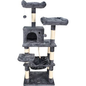 GOOPAWS Multi-Level 57-in Faux Fur Cat Tree & Condo with Hammock, Dark Grey