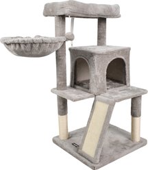 GOOPAWS 38-in Faux Fur Top Perch Cat Tree & Condo with Basket, Light Grey