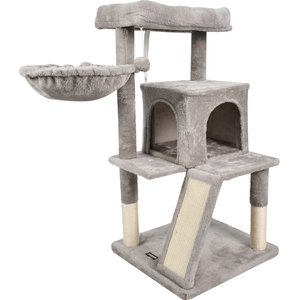 GOOPAWS 38-in Faux Fur Top Perch Cat Tree & Condo with Basket, Light Grey