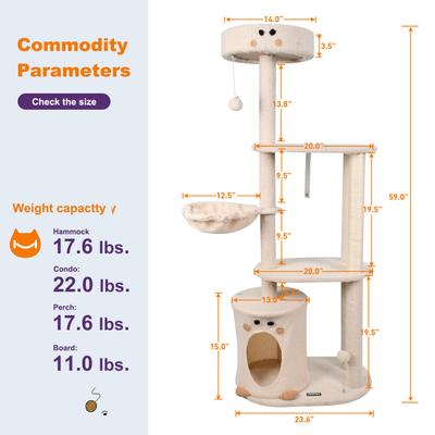 Show full view: GOOPAWS 3-Tier 59-in Faux Fur Cat Tree & Condo with Hammock, Cream slide 6 of 7