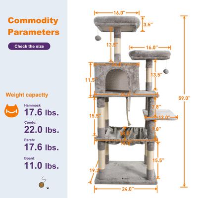Show full view: GOOPAWS Multi-Level 63-in Faux Fur Cat Tree & Condo with Hammock, Light Grey slide 6 of 7