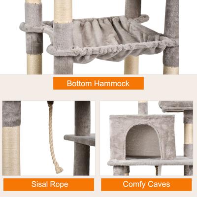 Show full view: GOOPAWS Multi-Level 63-in Faux Fur Cat Tree & Condo with Hammock, Light Grey slide 4 of 7
