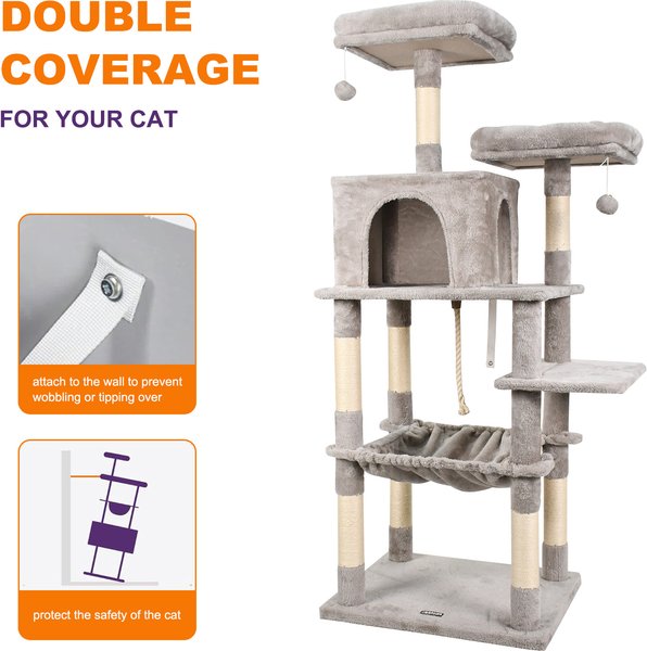 Show full view: GOOPAWS Multi-Level 63-in Faux Fur Cat Tree & Condo with Hammock, Light Grey slide 3 of 7