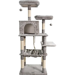 GOOPAWS Multi-Level 63-in Faux Fur Cat Tree & Condo with Hammock, Light Grey
