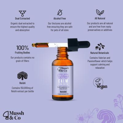 Show full view: Hemp Heros Mussh & Co Calm Reishi Mushroom Liquid Supplement for Dogs & Cats, 1.69-fl oz bottle slide 6 of 8