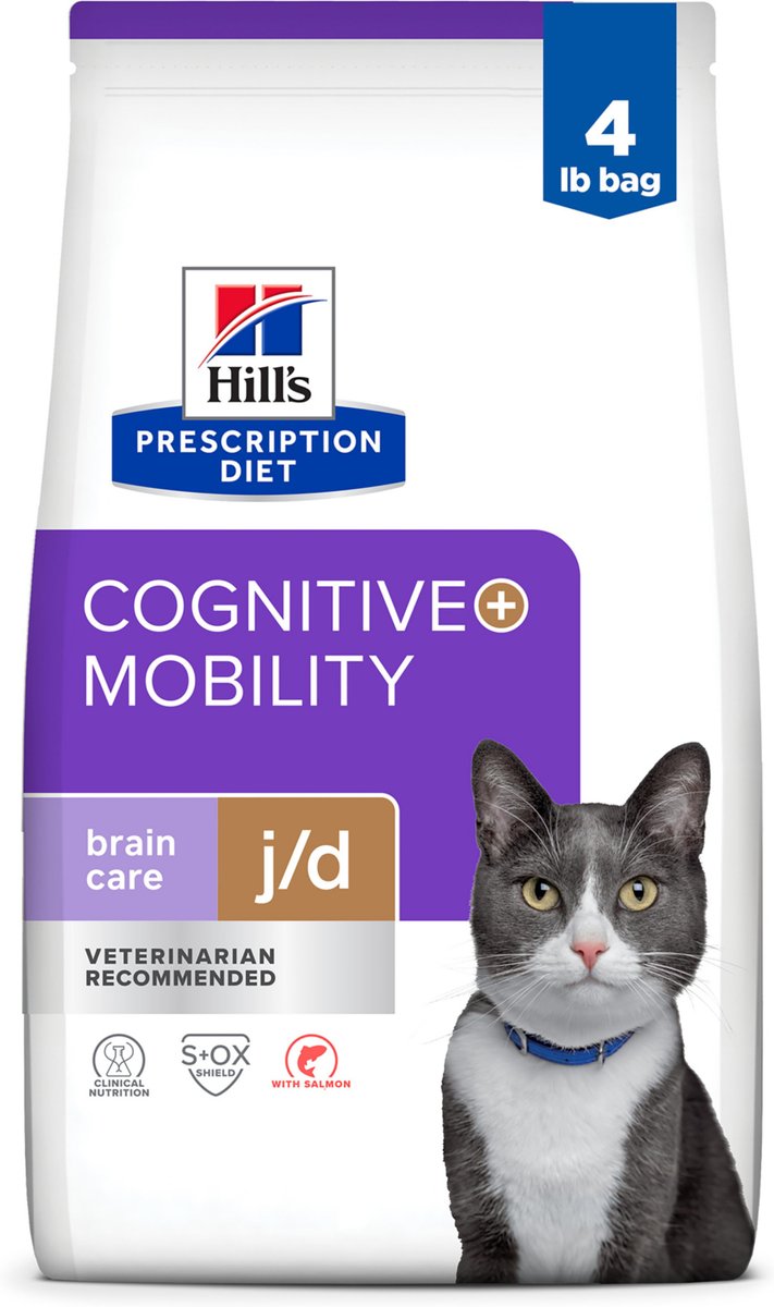 Hill's Prescription Diet Brain Care + j\/d Joint Care Salmon Dry Cat Food, 4-lb bag