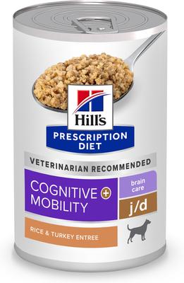 Hill's Prescription Diet Brain Care + j/d Joint Care Rice & Turkey Wet Dog Food, 13-oz can, case of 12
