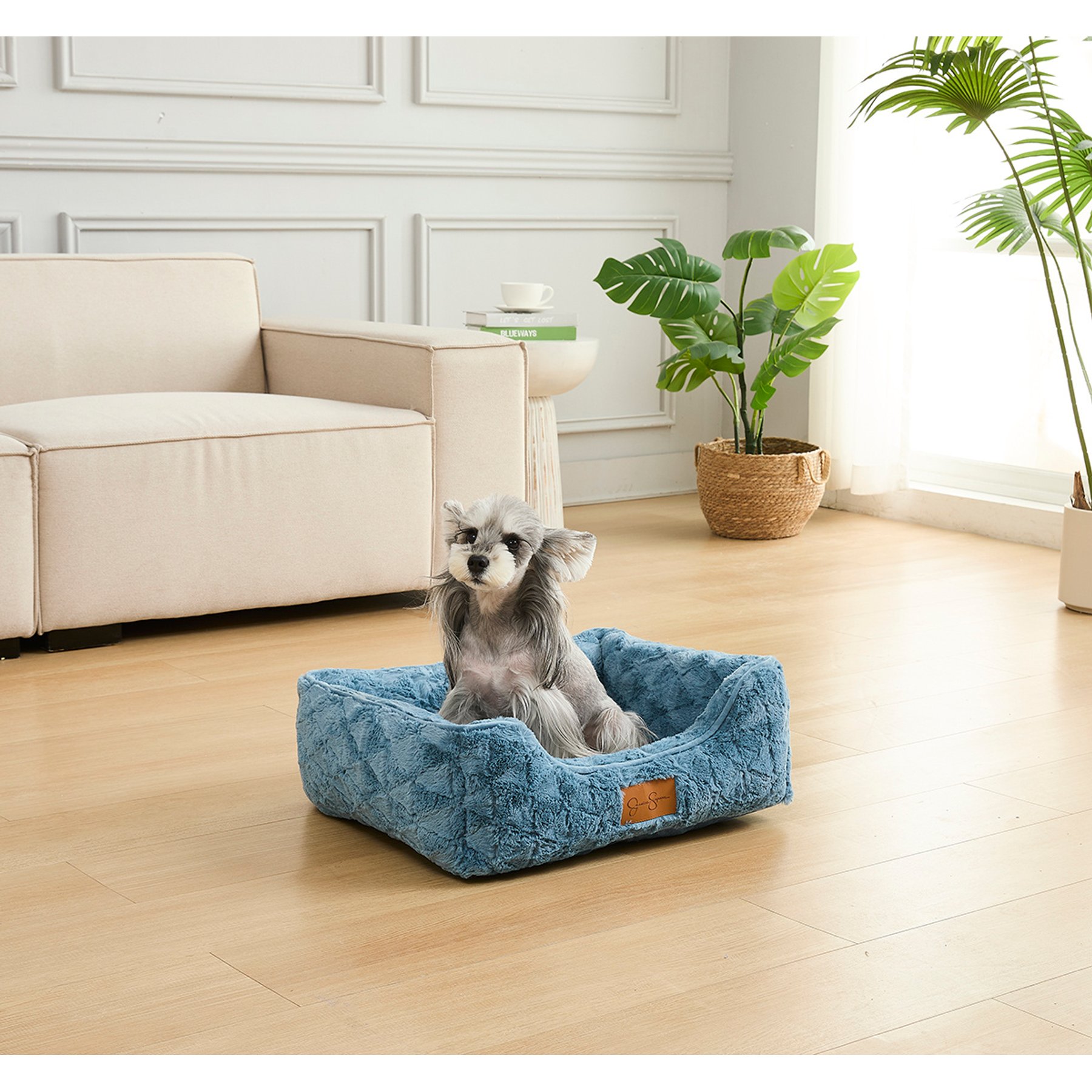 JESSICA SIMPSON Luxurious Ultra Plush Calming Cuddler Dog & Cat Bed with Removable Cover, Blue