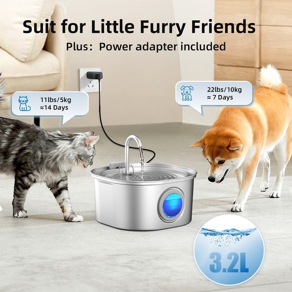 Casfuy PWS-155 Multi-Layer Filtration Quiet Stainless Steel Dog & Cat Water Fountain, 108-oz