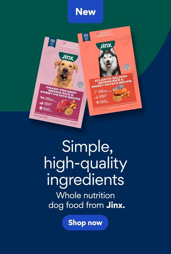 New: Simple, high-quality ingredients. Whole nutrition dog food from Jinx.