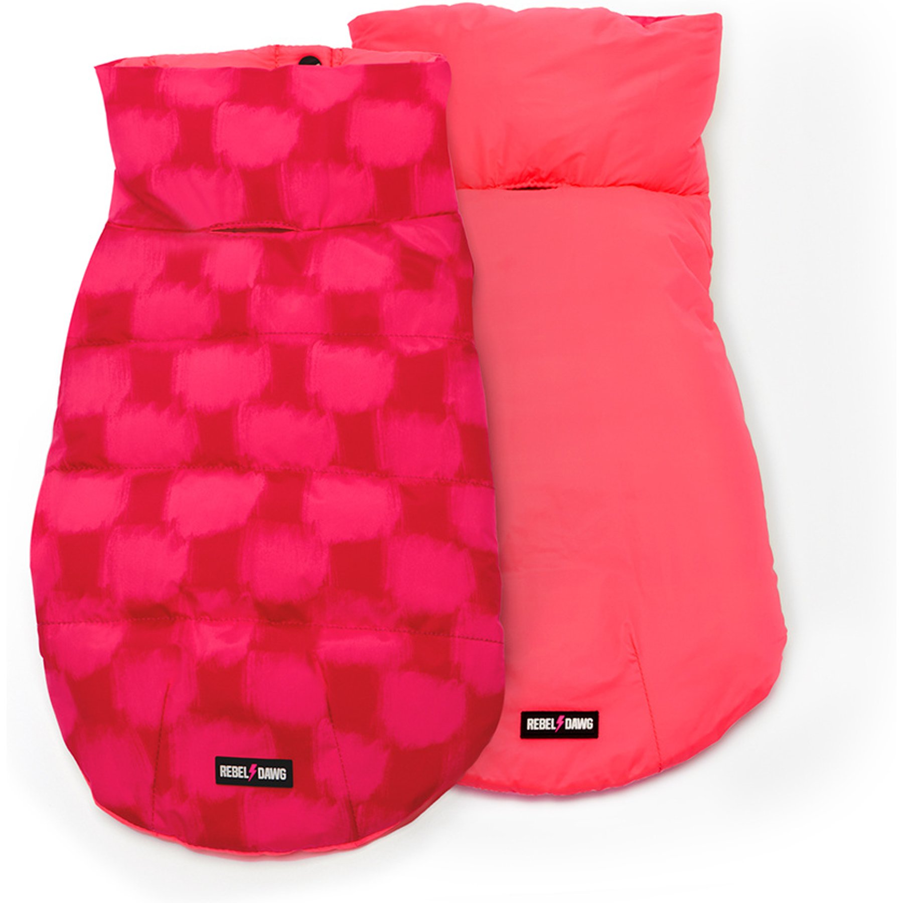 Rebel Dawg Reversible Dog Puffer Coat, Red Check / Pink, Medium