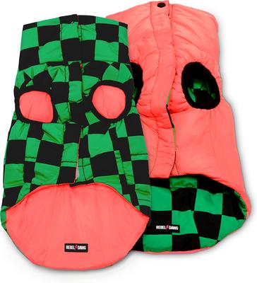 Show full view: Rebel Dawg Reversible Dog Puffer Coat, Green Check / Pink, Small slide 4 of 6