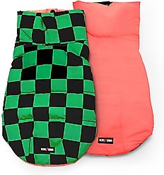Rebel Dawg Reversible Dog Puffer Coat, Green Check / Pink, Small