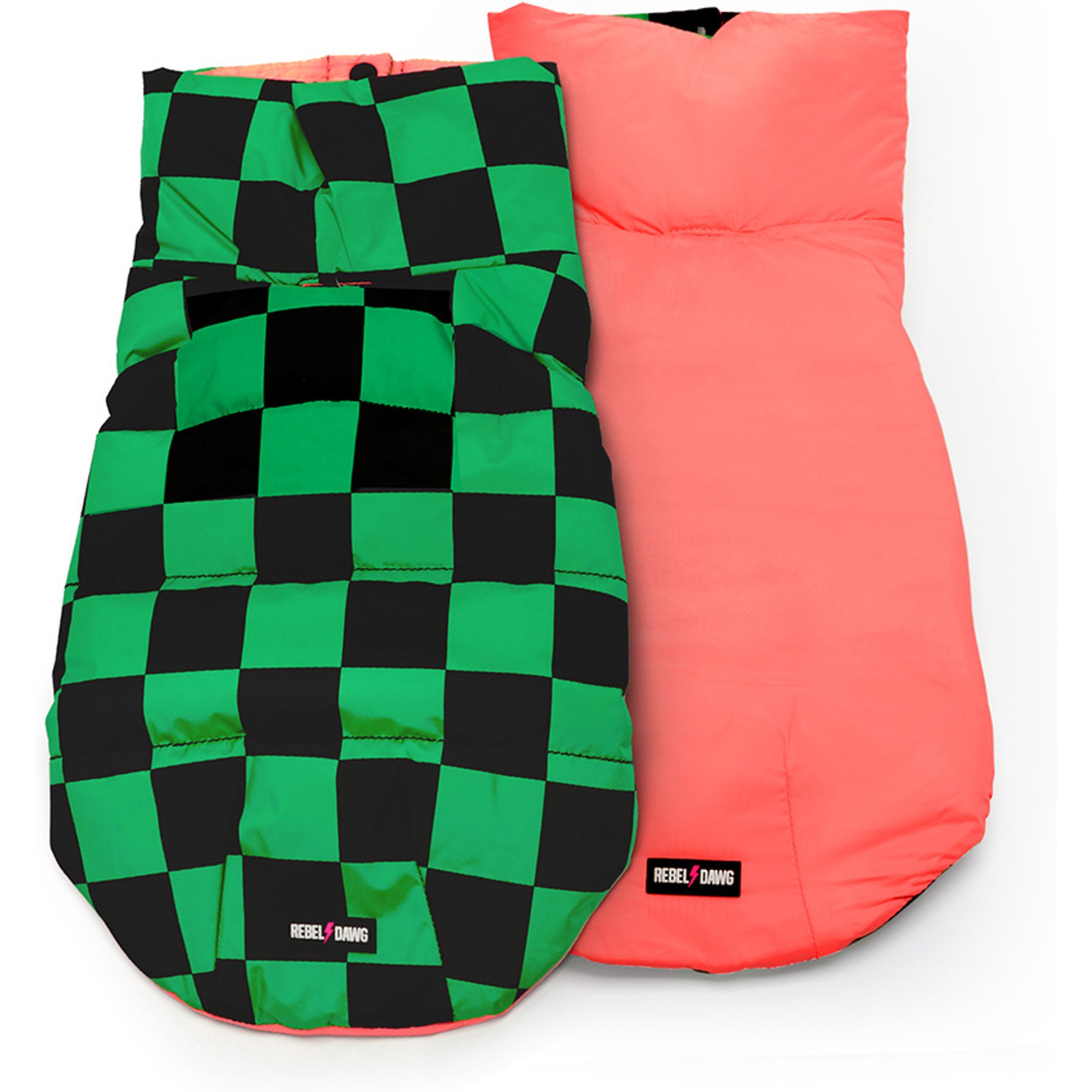 Rebel Dawg Reversible Dog Puffer Coat, Green Check / Pink, Small