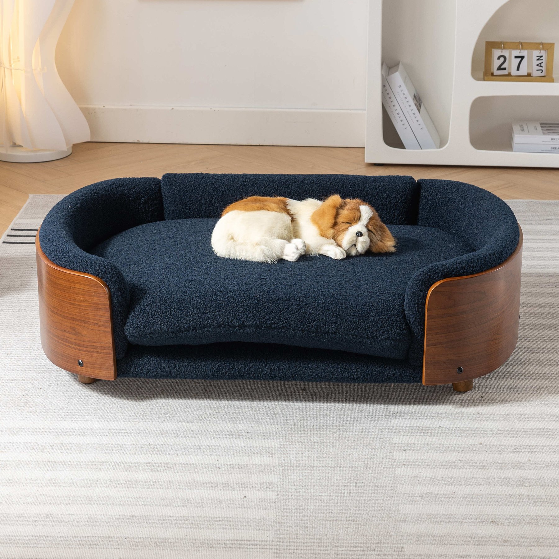 Zeus & Ruta Bulldog Dog Bed, Blue/Walnut, 38.58 x 26.77 x 10.63-in