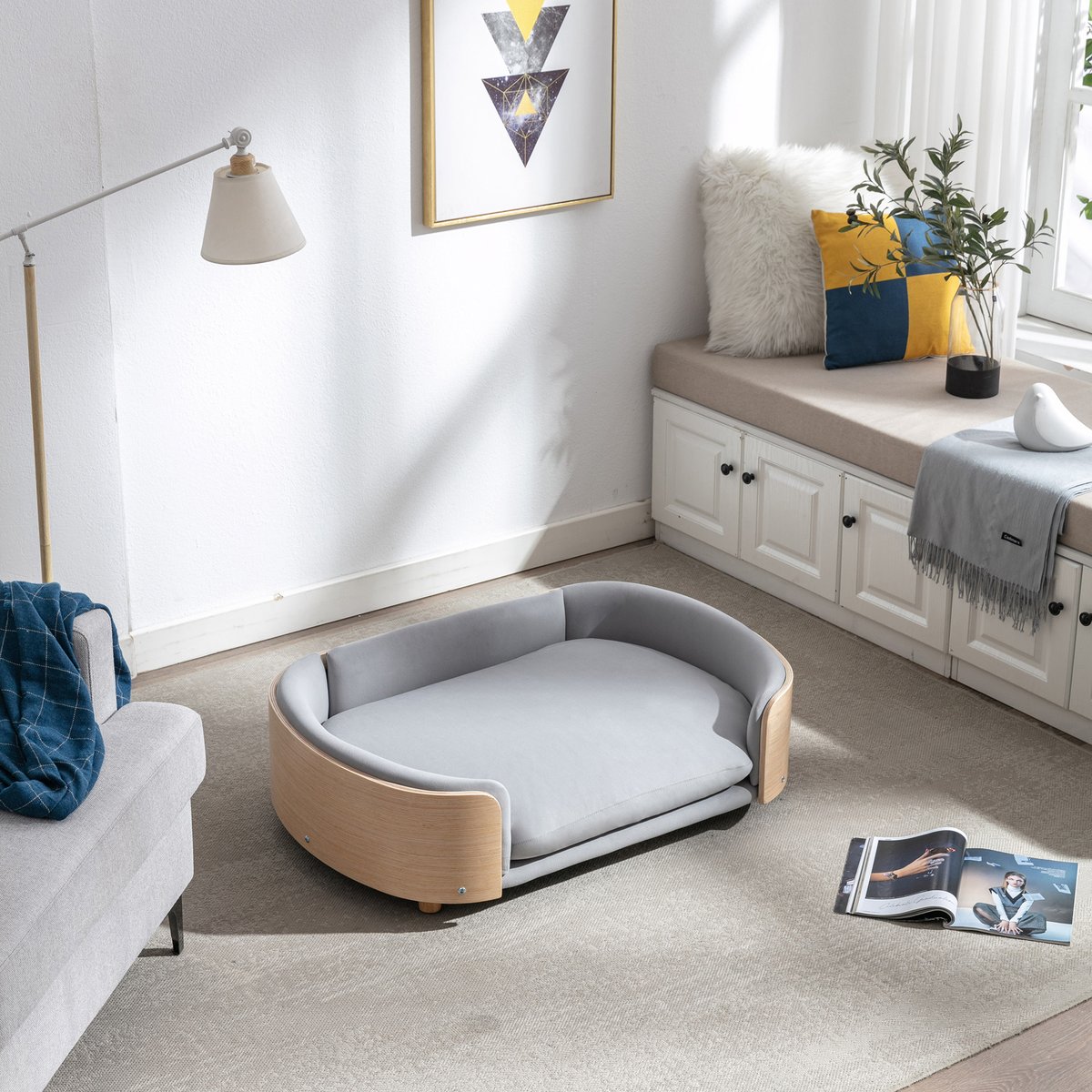 Zeus & Ruta Bulldog Dog Bed, Light Grey/Natural, 38.58 x 26.77 x 10.63-in