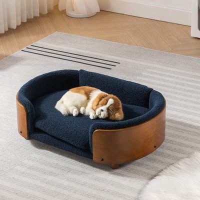 Zeus & Ruta Zeus & Ruta Bulldog Dog Bed, Blue/Walnut, 30.71 x 20.08 x 9.84-in
