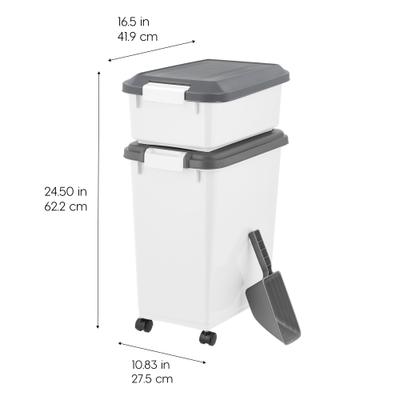 Show full view: IRIS 3-Piece WeatherPro Airtight Stackable Dog, Cat & Bird Food Storage Container Combo with Scoop & Treat Box, White/Gray, 41-lb slide 4 of 11