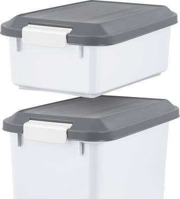 Show full view: IRIS 3-Piece WeatherPro Airtight Stackable Dog, Cat & Bird Food Storage Container Combo with Scoop & Treat Box, White/Gray, 41-lb slide 7 of 11