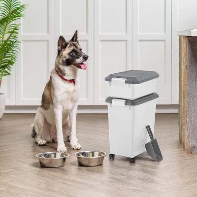 Show full view: IRIS 3-Piece WeatherPro Airtight Stackable Dog, Cat & Bird Food Storage Container Combo with Scoop & Treat Box, White/Gray, 41-lb slide 3 of 11
