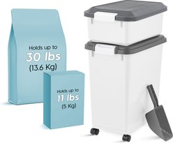 IRIS 3-Piece WeatherPro Airtight Stackable Dog, Cat & Bird Food Storage Container Combo with Scoop & Treat Box, White, 41-lb
