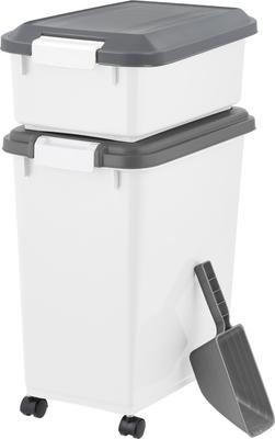 Show full view: IRIS 3-Piece WeatherPro Airtight Stackable Dog, Cat & Bird Food Storage Container Combo with Scoop & Treat Box, White/Gray, 41-lb slide 2 of 11