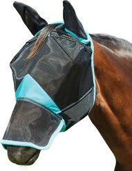 WeatherBeeta ComFiTec Deluxe Fine Mesh Horse Fly Mask with Ears & Nose, Black/Turquoise, Pony slide 2 of 4